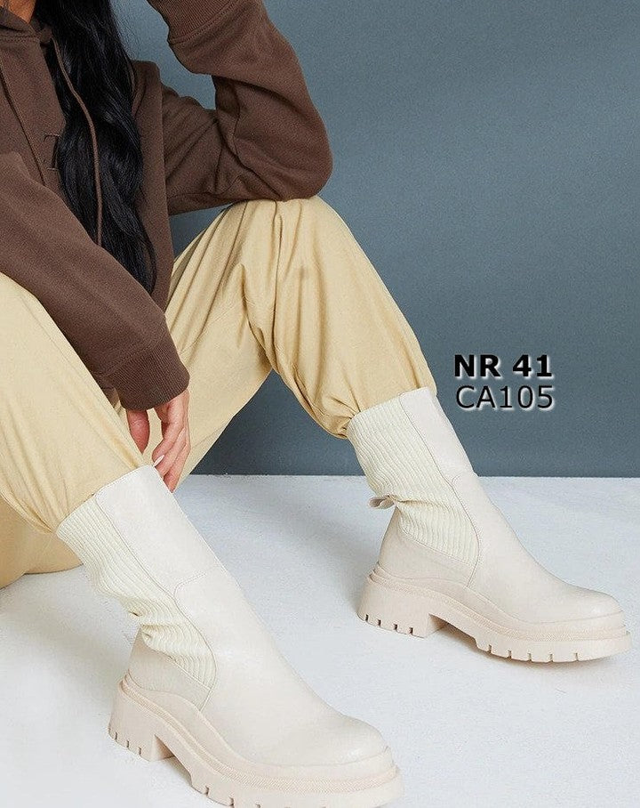 Cream Knitted Panel Wave Sole Chunky Calf High Ankle Boots