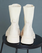 Cream Knitted Panel Wave Sole Chunky Calf High Ankle Boots