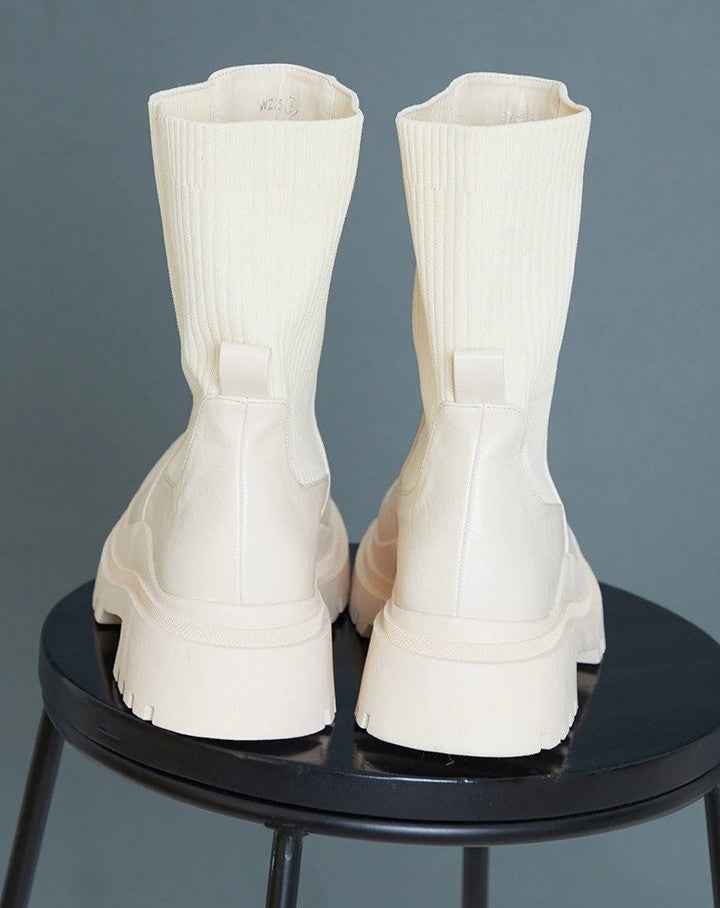 Cream Knitted Panel Wave Sole Chunky Calf High Ankle Boots