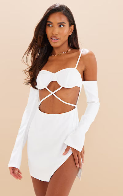Fustan Bodycon me korse të bardhë, me tela dhe bel të kryqëzuar