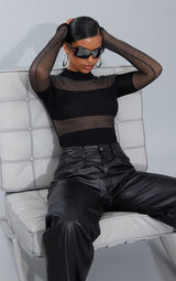Black Sheer Knit Contrast Panel Bodysuit