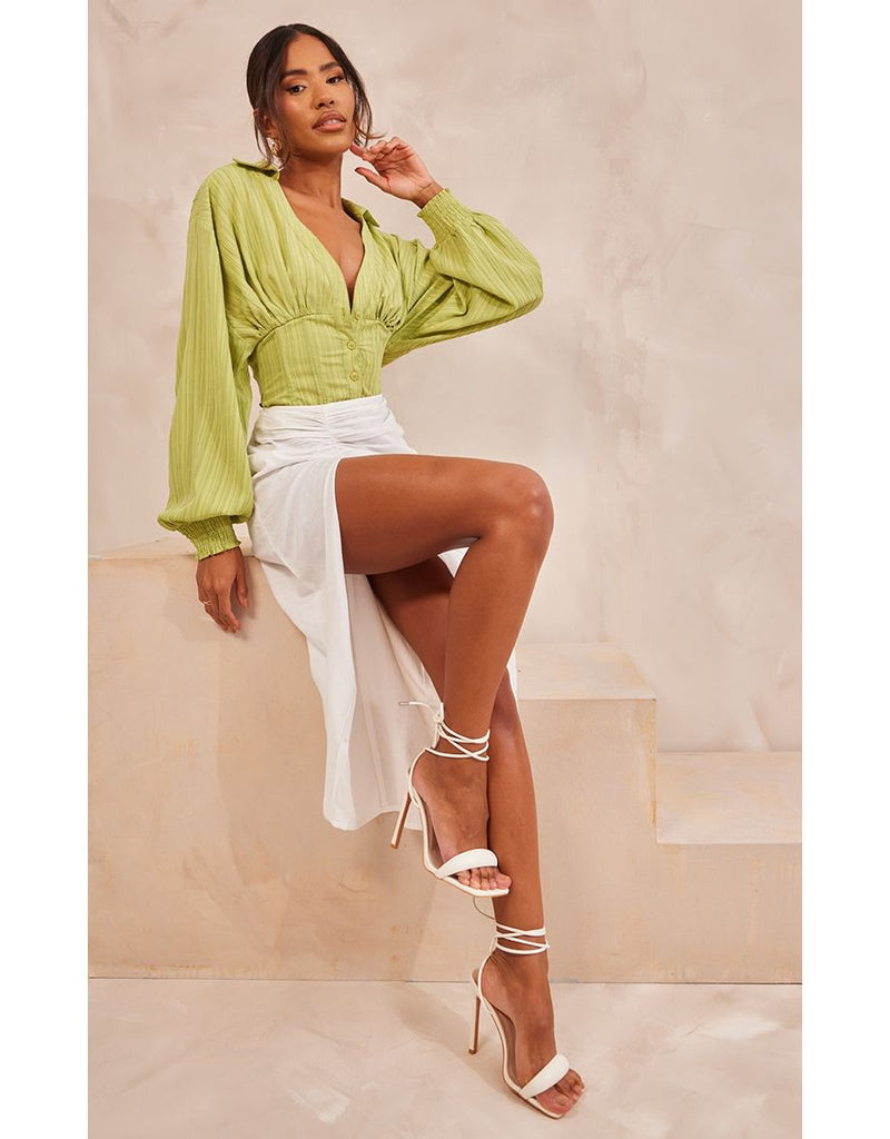 White Linen Look Ruched Split Detail Maxi Skirt