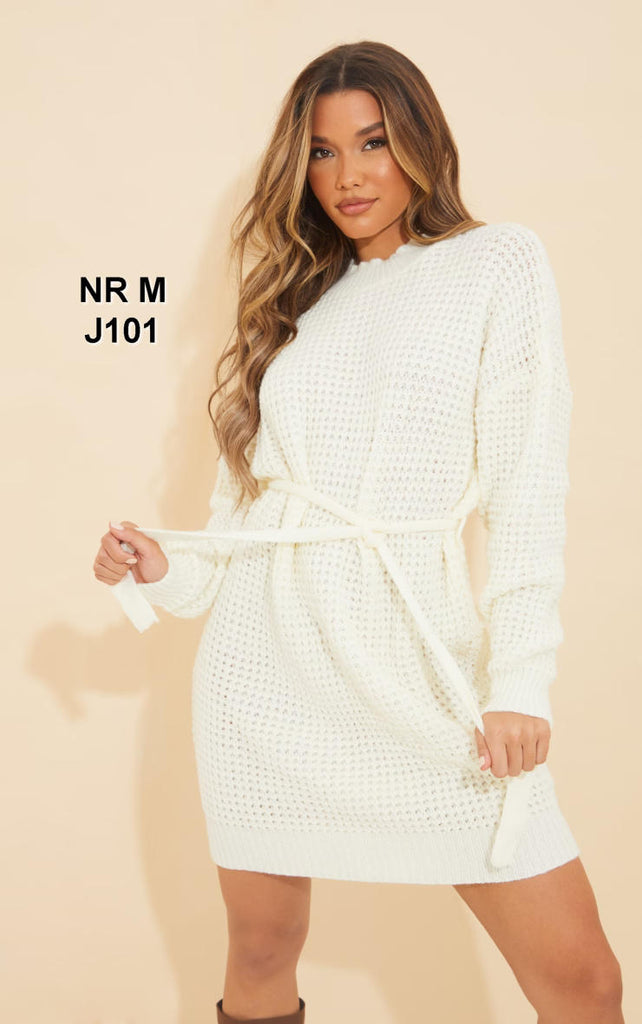 Cream Soft Belted Knitted Jumper Dress
