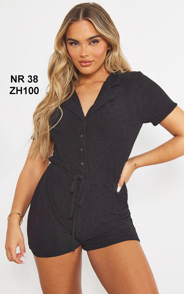 Black Toweling Pocket Detail Collared Short Sleeve Playsuit