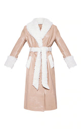 BEIGE FAUX LEATHER CURLY BORG TRIM MAXI TRENCH