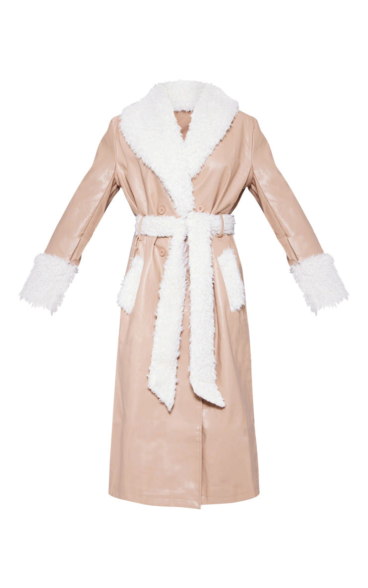 BEIGE FAUX LEATHER CURLY BORG TRIM MAXI TRENCH