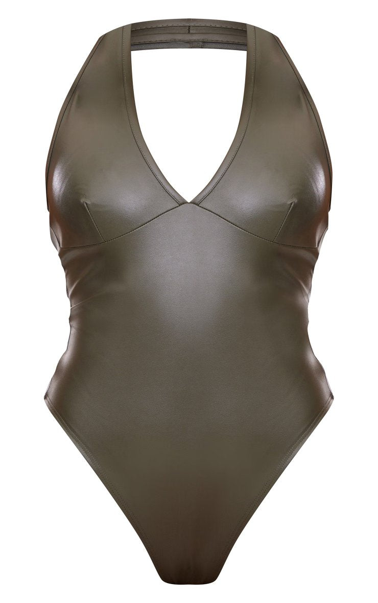 Khaki Bodi od veštačke kože sa halter izrezom