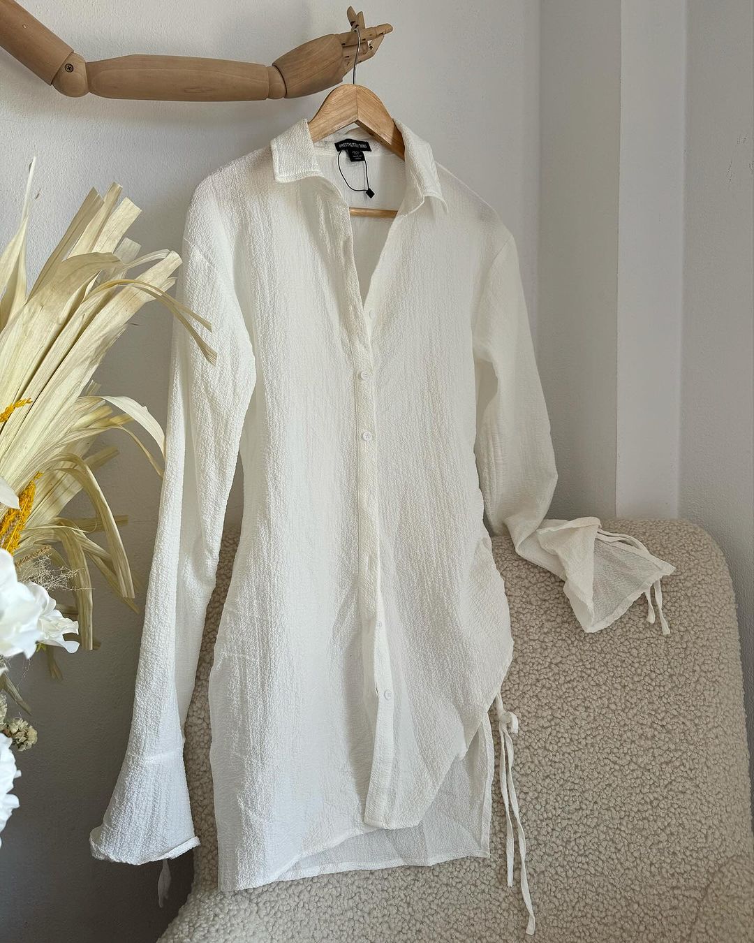 Cream Textured Lace Up Sleeve Shirt Dress