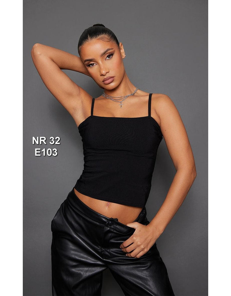 Black Stretch Woven Panel Front Top