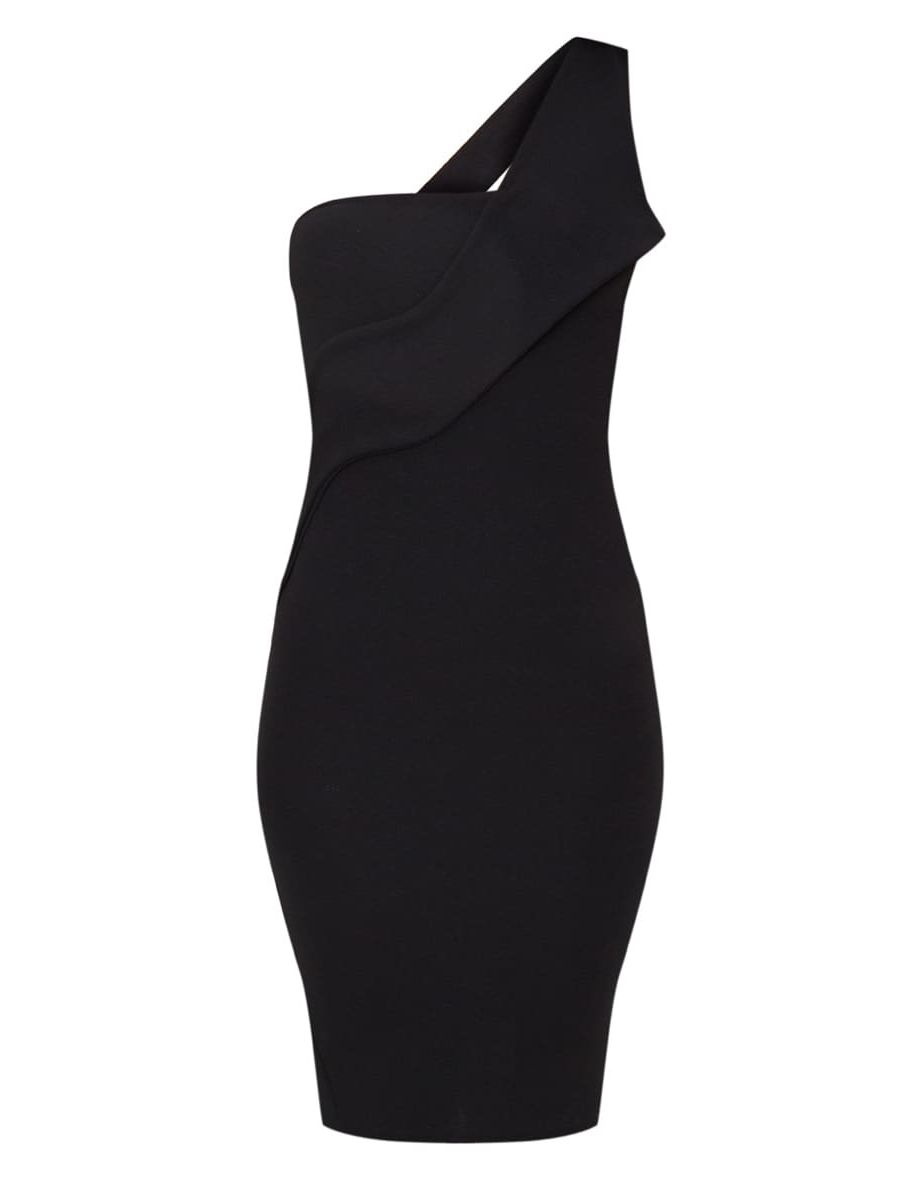 Black Asymmetric Strap Midi Dress