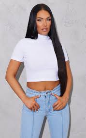 Basic White Rib High Neck Short Sleeve Crop Top
