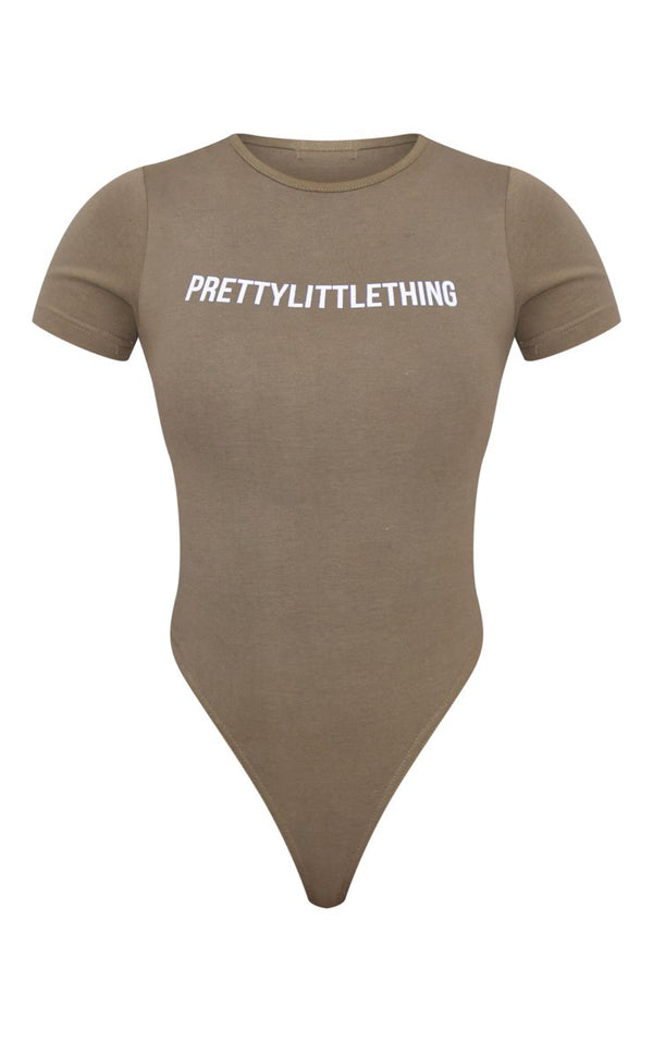 PRETTYLITTLETHING Logo Sage Khaki Short Sleeved Bodysuit