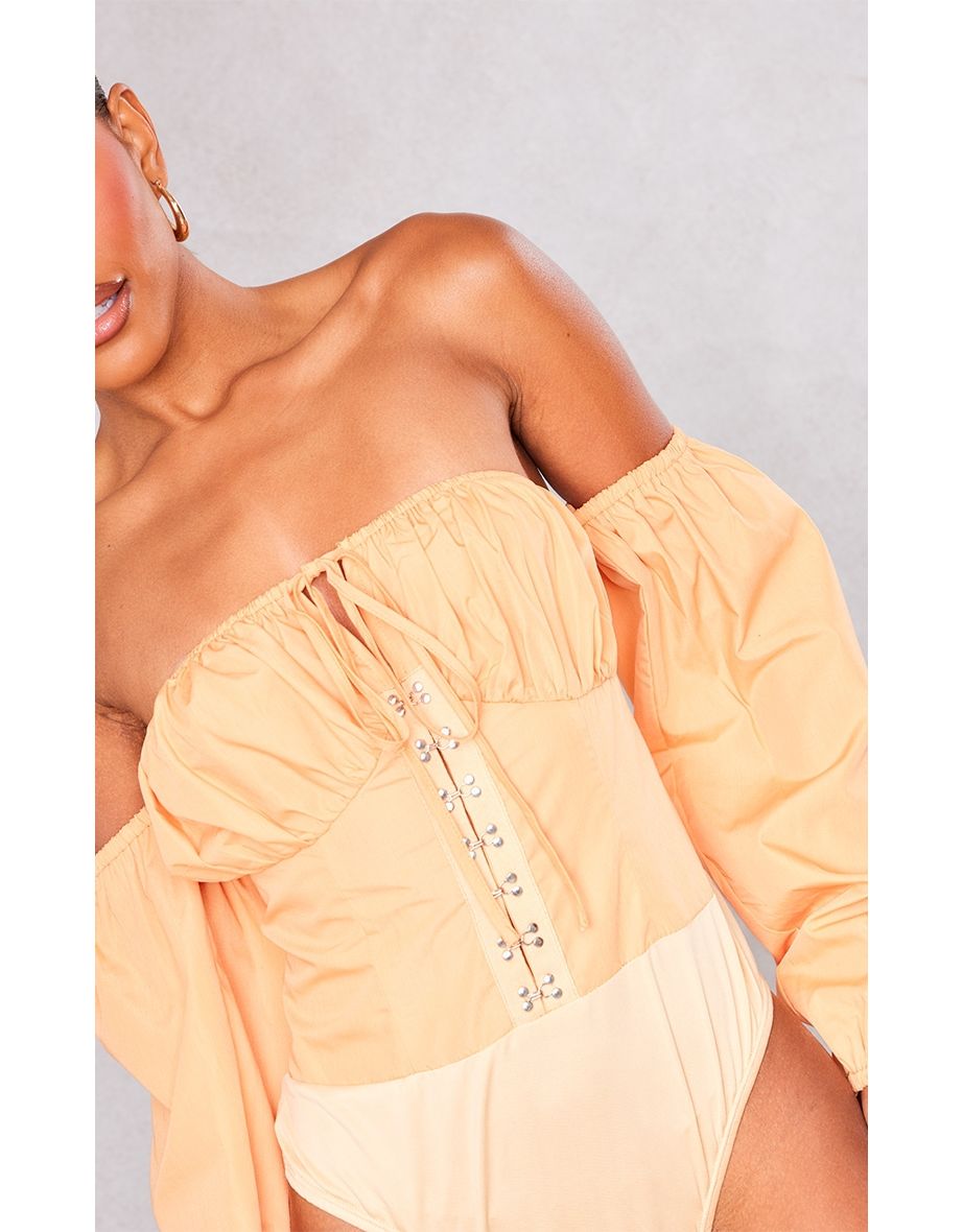Prettylittlething Women's Orange Hook & Eye Bardot Long Sleeve Bodysuit