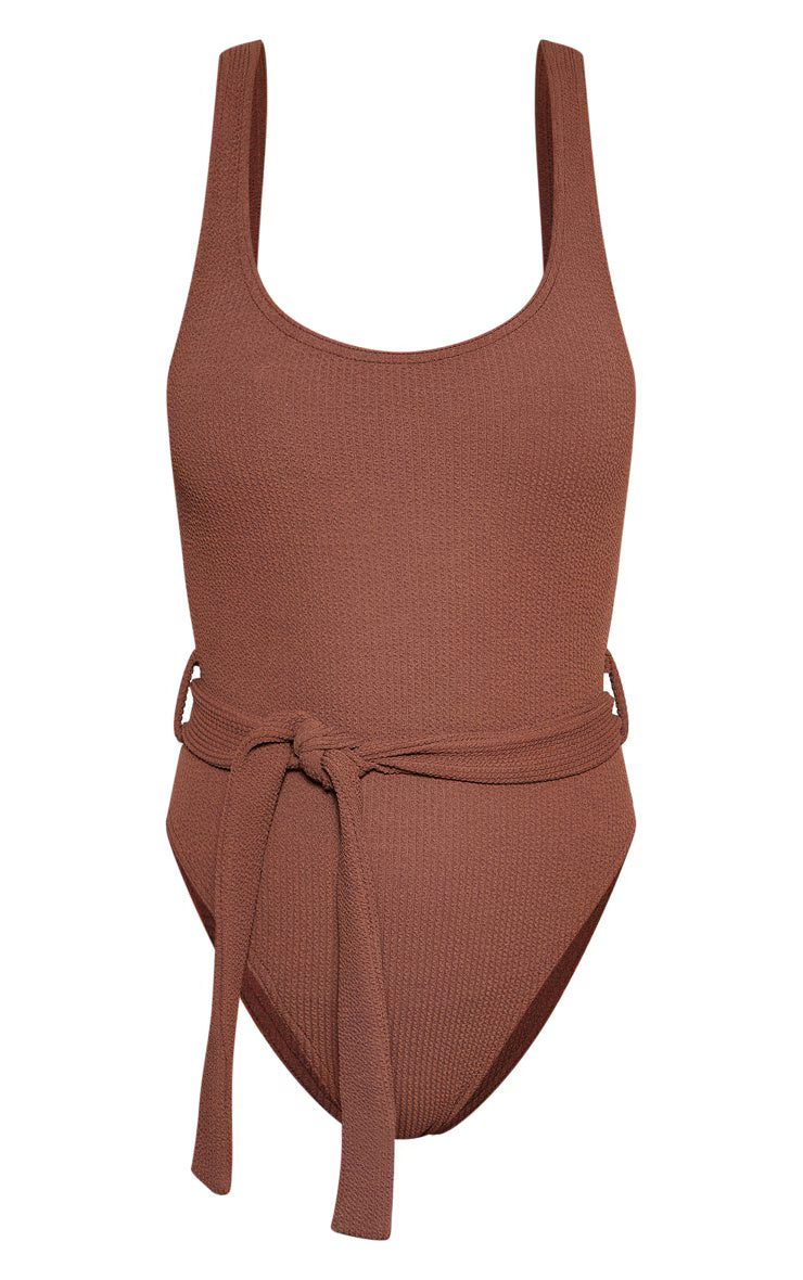 Chocolate Tie Waist Crinkle Swimsuit