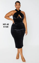 Plus Black Velvet Underwired Cross Front Midi Dress