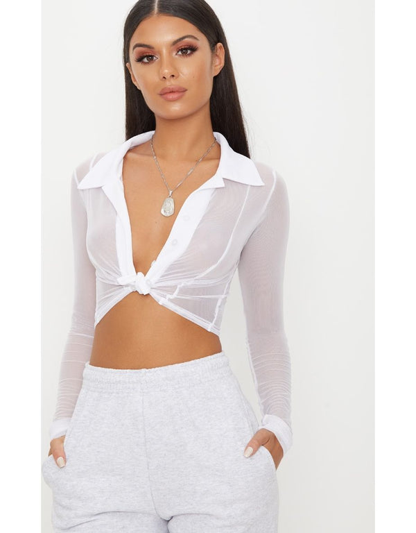 White Sheer Mesh Long Sleeve Crop Shirt