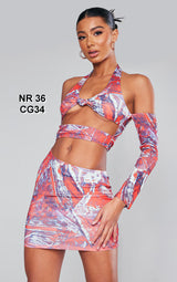 Red Worn Denim Print Halter Knot Detail Bodycon Dress