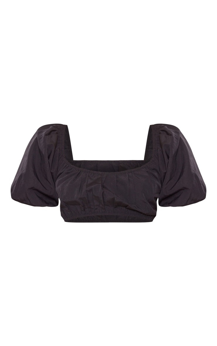 Black Woven Lace Back Puff Sleeve Crop Top