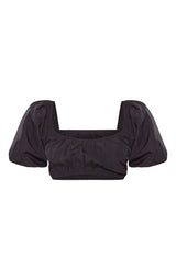 Black Woven Lace Back Puff Sleeve Crop Top