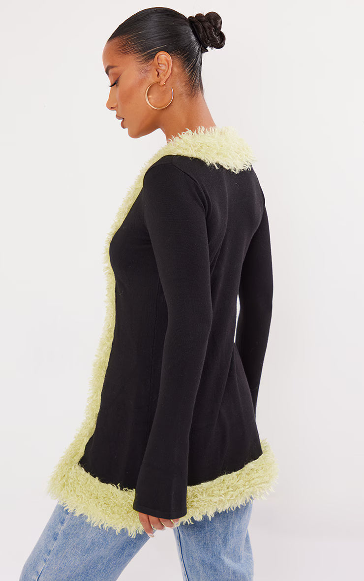 Black Faux Fur Trim Longline Knitted Cardigan
