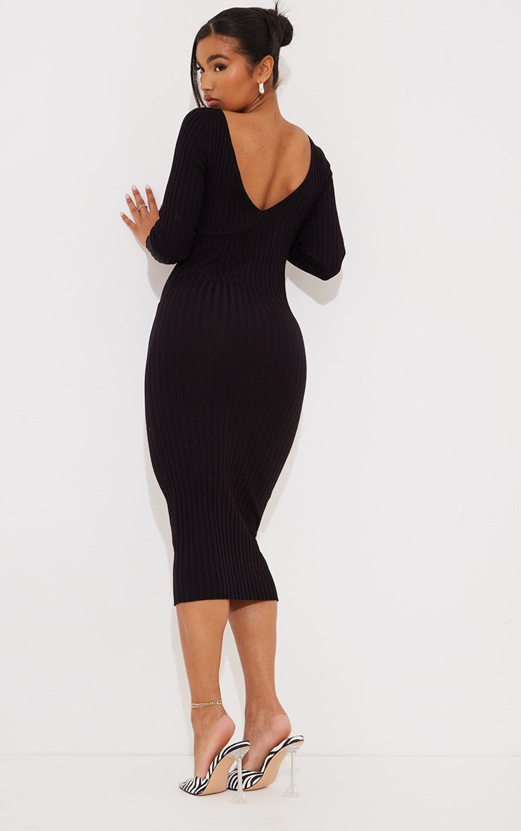 Black Bardot Rib Knitted Midaxi Dress
