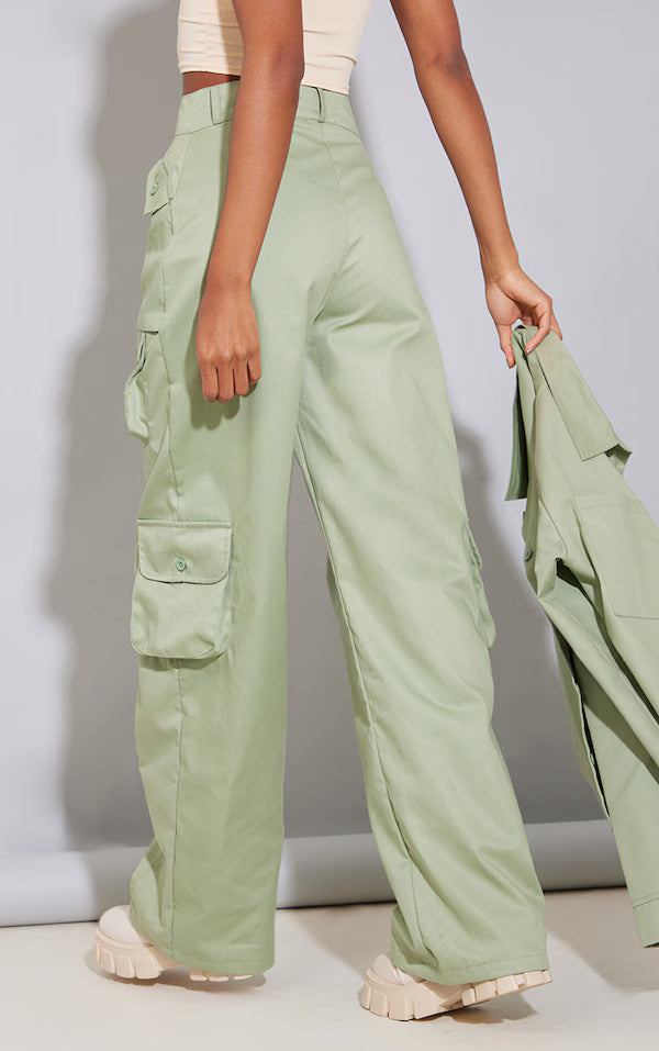 Pale Khaki Twill Cargo Pocket Detail Straight Leg Pants