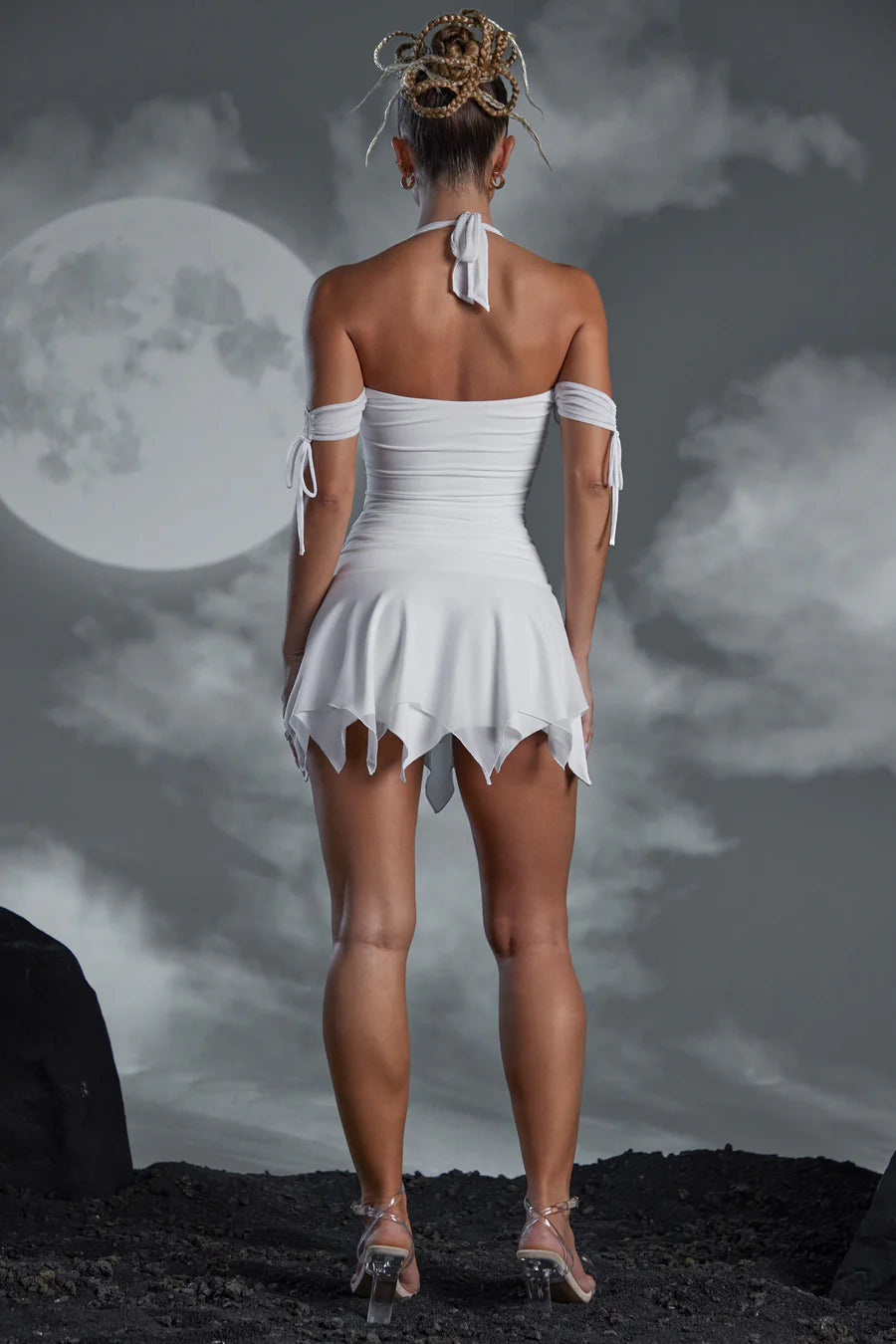 Elvyra  Lace Up Halter Neck Mini Dress in White
