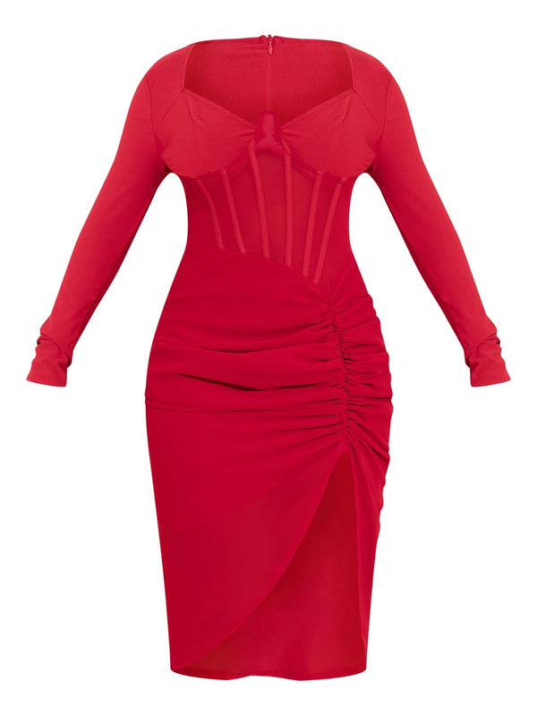 Shape Red Corset Detail Long Sleeve Ruched Midi Dress