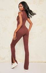 Chocolate Textured Rib Button Front Sleeveless Jumpsuit