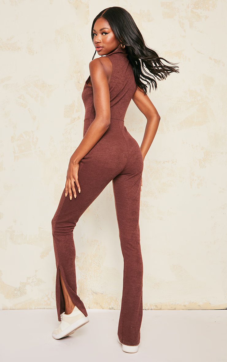 Chocolate Textured Rib Button Front Sleeveless Jumpsuit