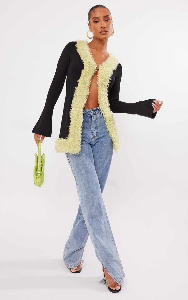 Black Faux Fur Trim Longline Knitted Cardigan