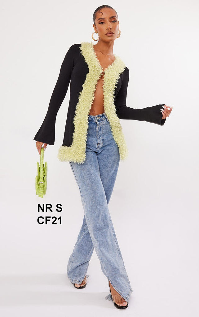 Black Faux Fur Trim Longline Knitted Cardigan