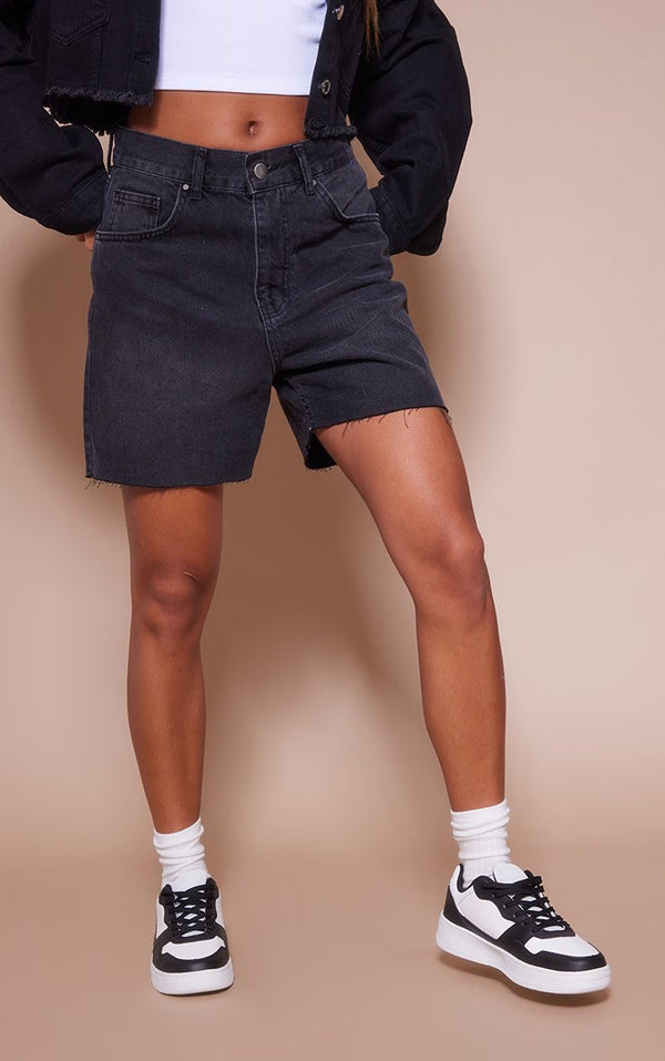 Washed Black Raw Hem Longline Denim Mom Shorts