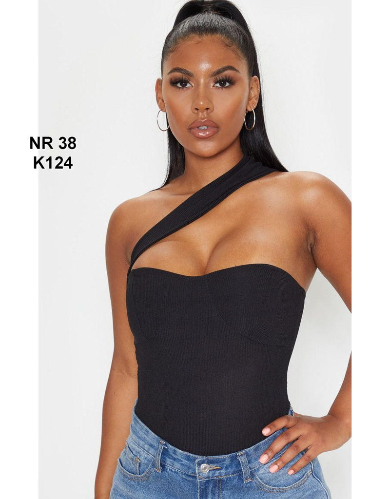 Black Rib Cross Body Strap Bodysuit