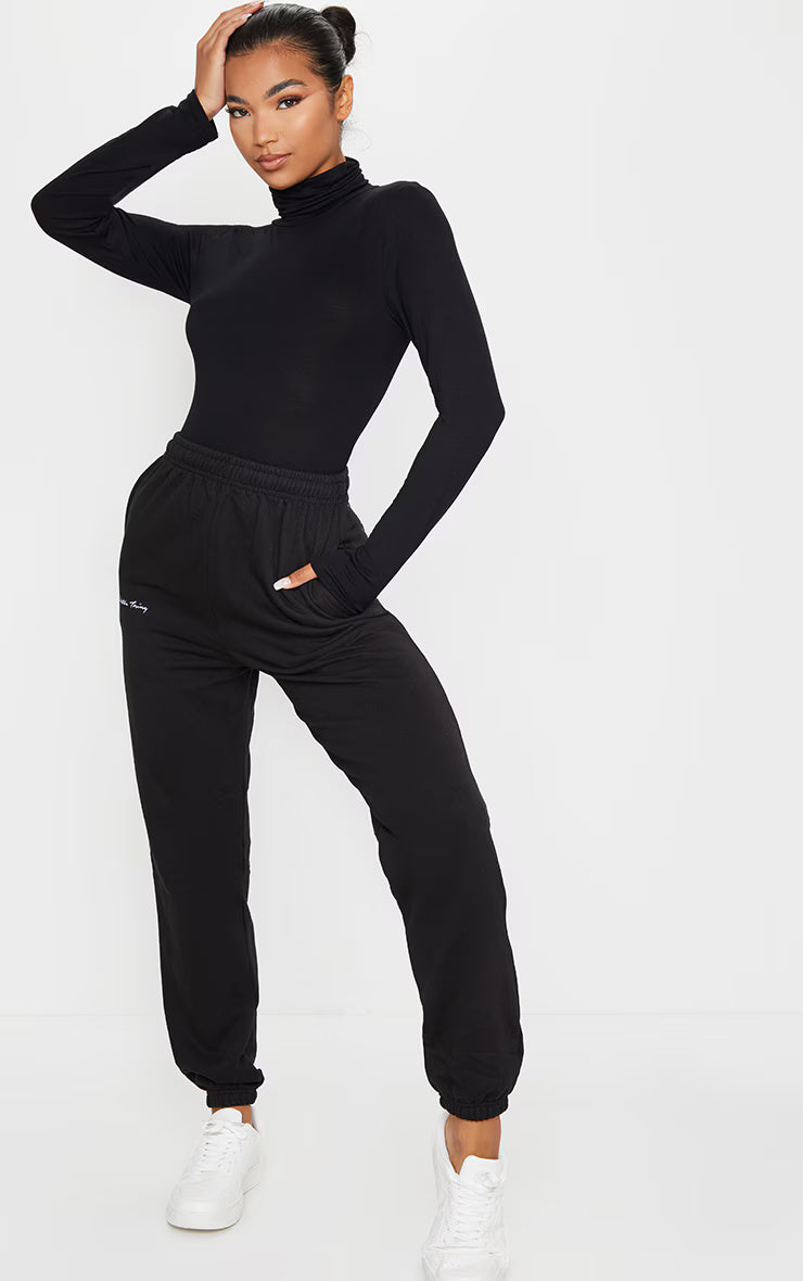 Basic Black Cotton Blend Roll Neck Bodysuit