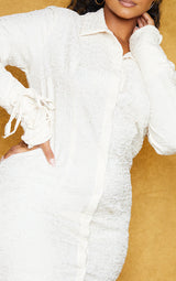 Cream Textured Lace Up Sleeve Shirt Dress