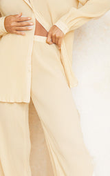 Cream Plisse High Waisted Wide Leg Pants