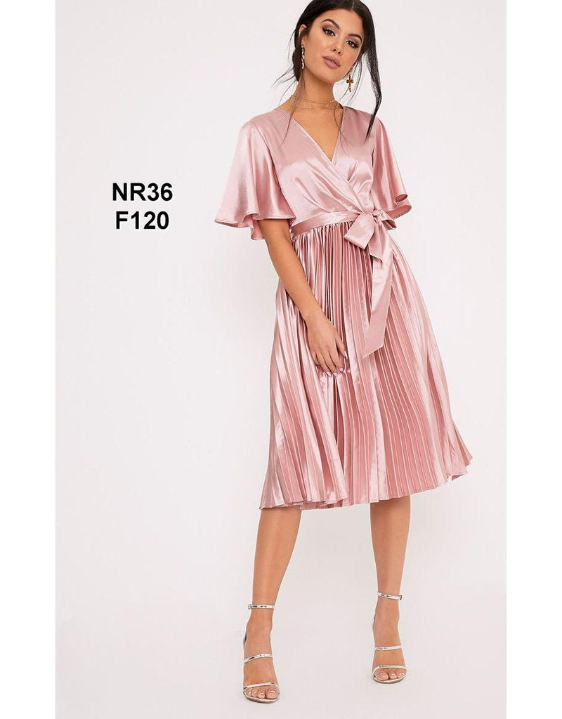 Mairee Dusty Pink Satin Pleated Midi Dress