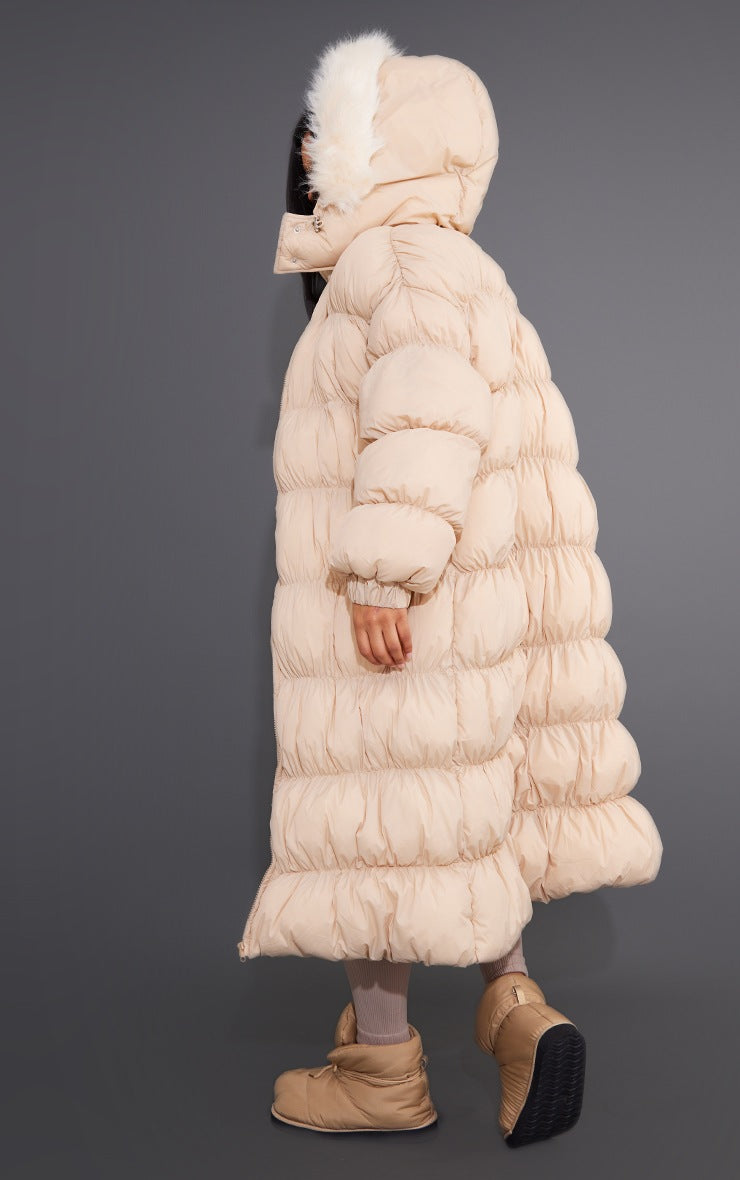 Stone Maxi Length Hooded Bubble Puffer