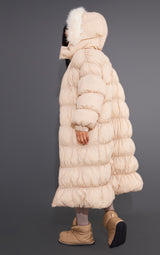 Stone Maxi Length Hooded Bubble Puffer