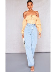 Prettylittlething Women's Orange Hook & Eye Bardot Long Sleeve Bodysuit