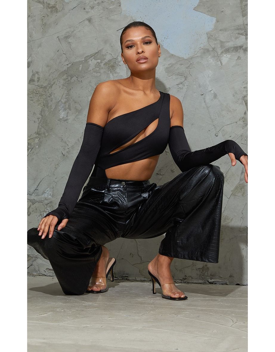 Black Slinky Bardot Thumb Hole Cut Out Bodysuit