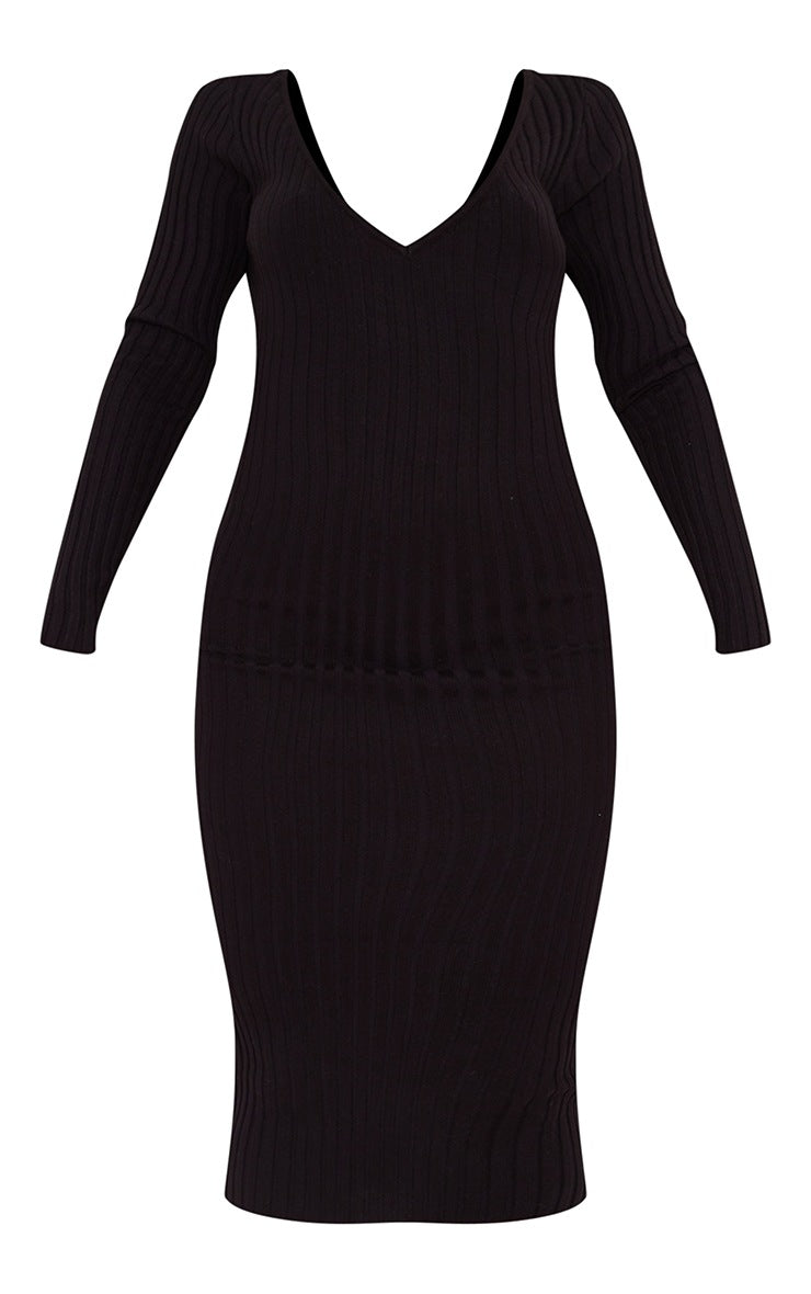 Black Bardot Rib Knitted Midaxi Dress