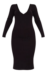 Black Bardot Rib Knitted Midaxi Dress