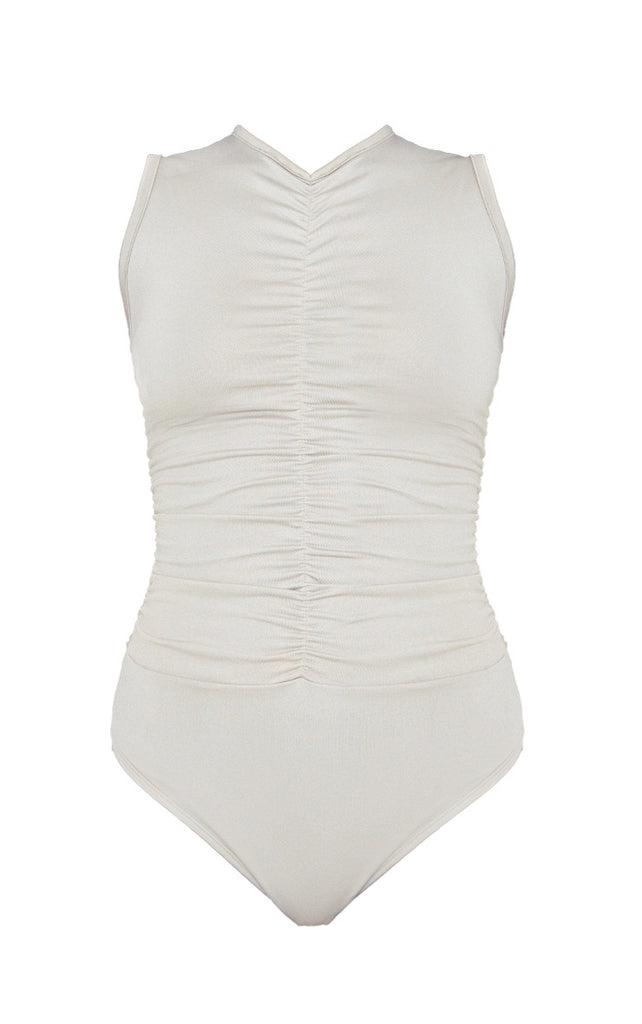 Stone Slinky Ruched High Neck Bodysuit