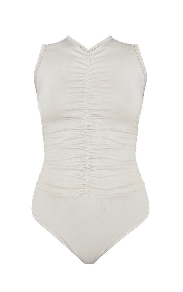 Stone Slinky Ruched High Neck Bodysuit