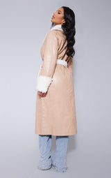 BEIGE FAUX LEATHER CURLY BORG TRIM MAXI TRENCH
