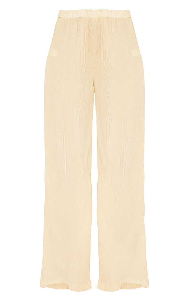 Cream Plisse High Waisted Wide Leg Pants