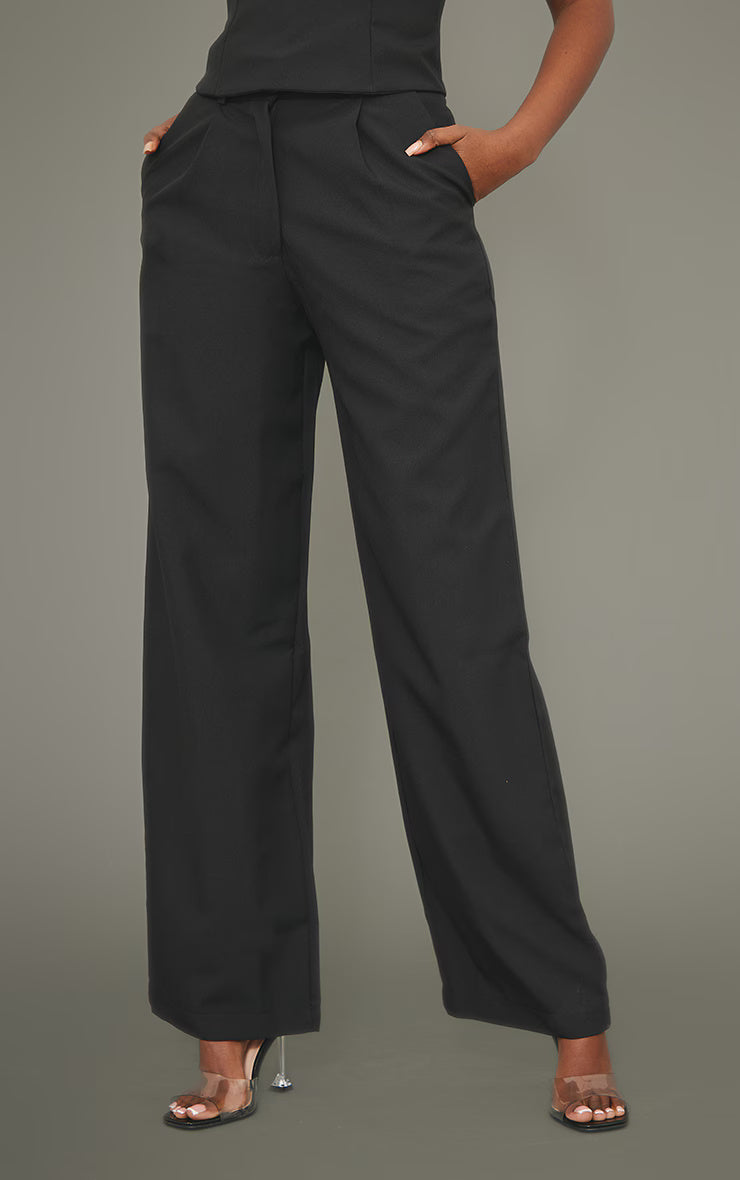 Crne tkane pantalone visokog struka ravnih nogavica