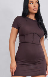 Čokoladna korset haljina uskog kroja sa kratkim rukavima i detaljima na vezivanje